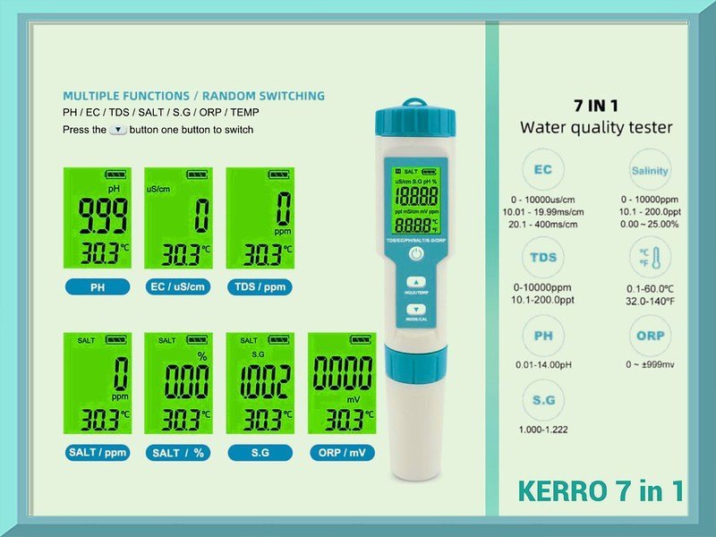 Kerro 7 In 1 Ph, Tds, Ec, Orp, S.g, Salinity, Temp Tester, 0.1, Model Name/Number: KC-600
