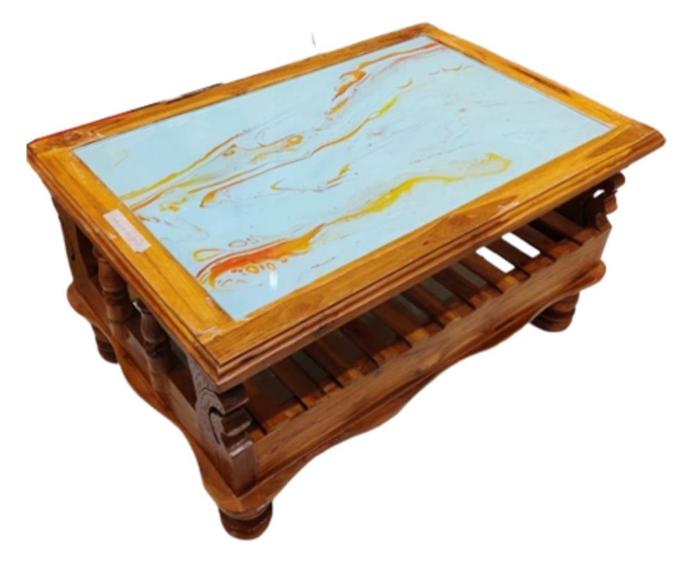 Rectangular Wooden Marble Top Table, With Storage