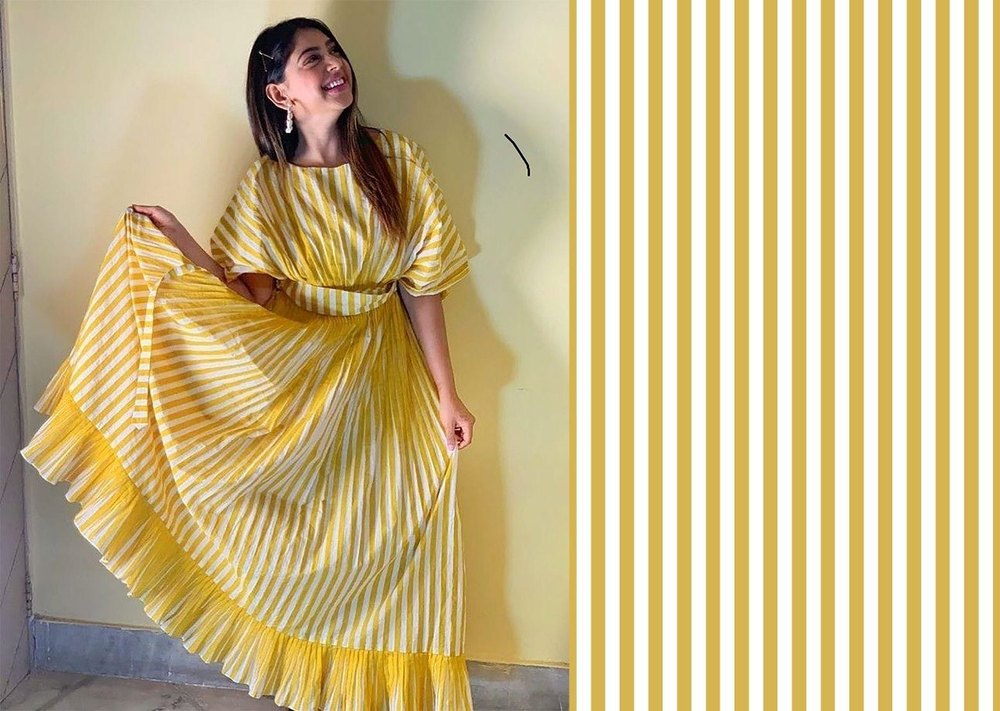Yellow Rayon Line Print Fabric