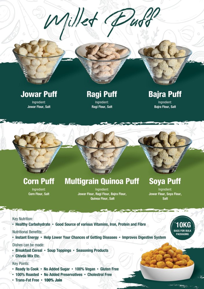 Millet Puff(Jowar Puff, Ragi Puff, Quinoa Puff, Corn puff, Bajra Puff, Soya Puff, Multigrain Puff)