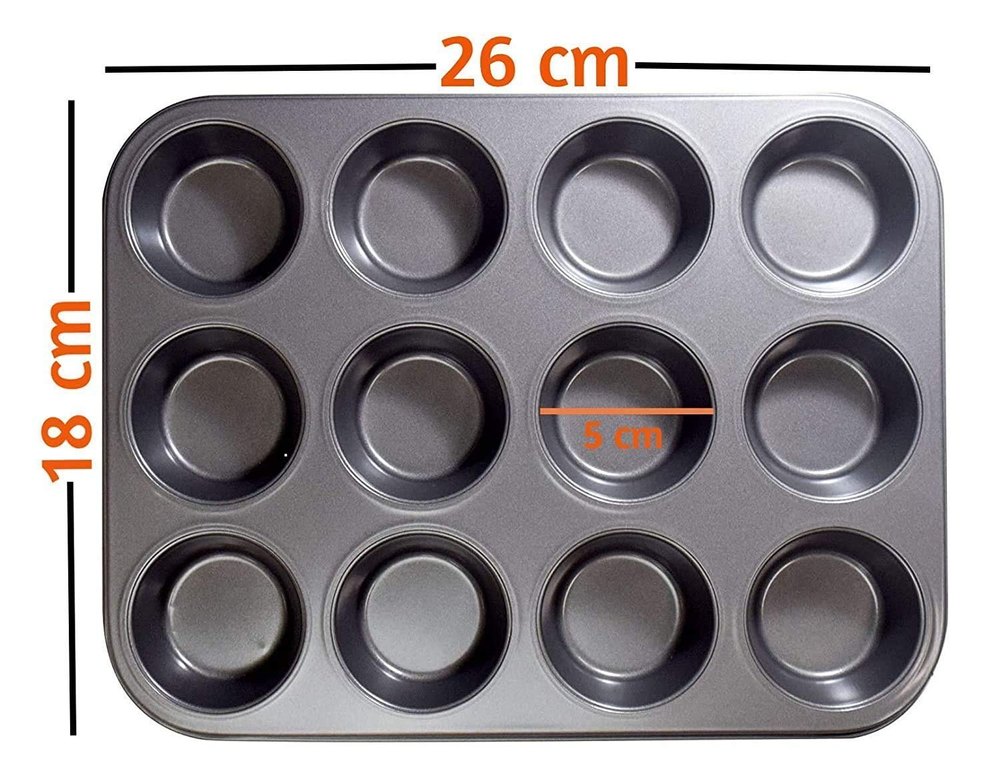 Food Grade Carbon Steel 12 Slot Muffin Pan, 350grams, Size: 26x18x5 cm (lxwxh)