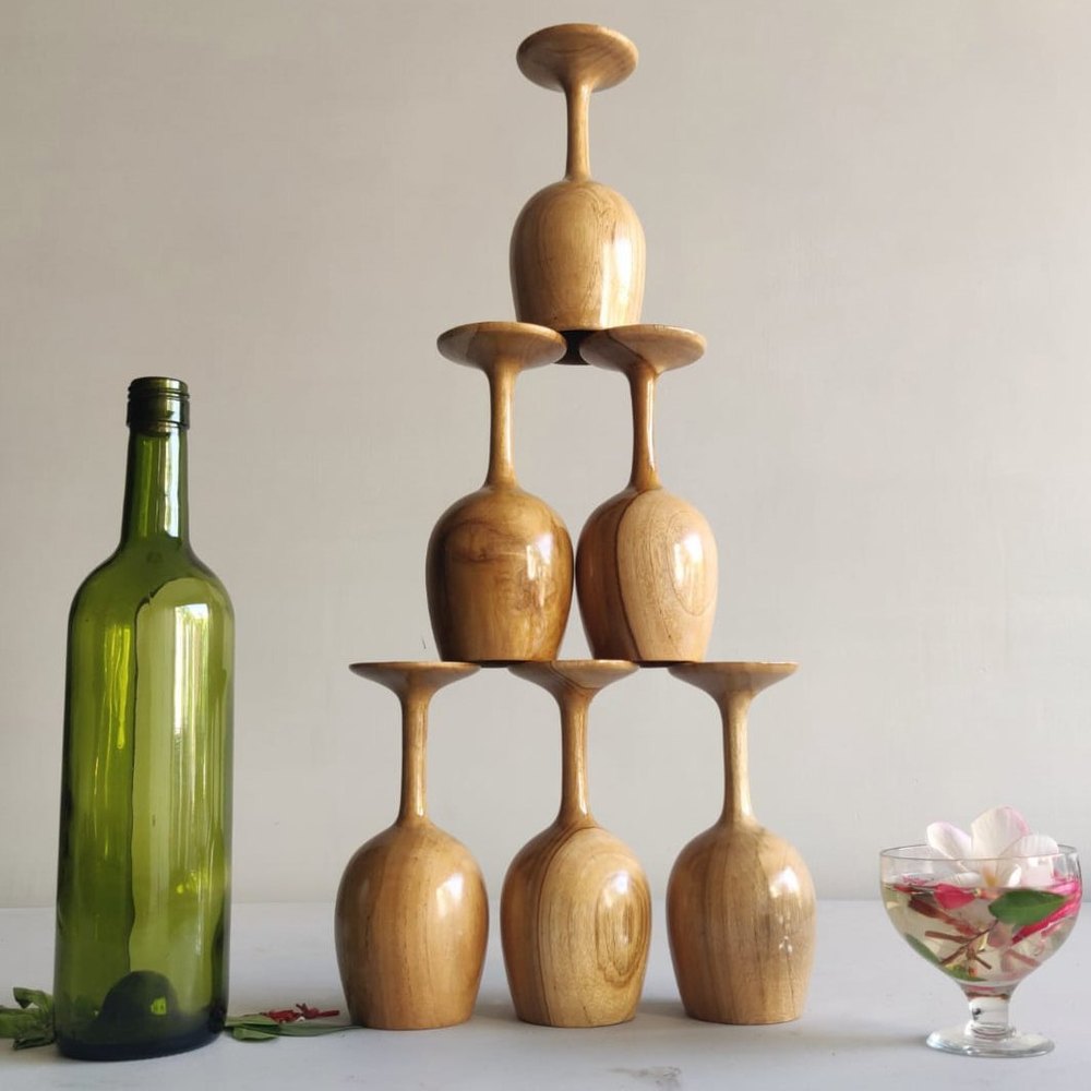 Wooden Wine Glass Set