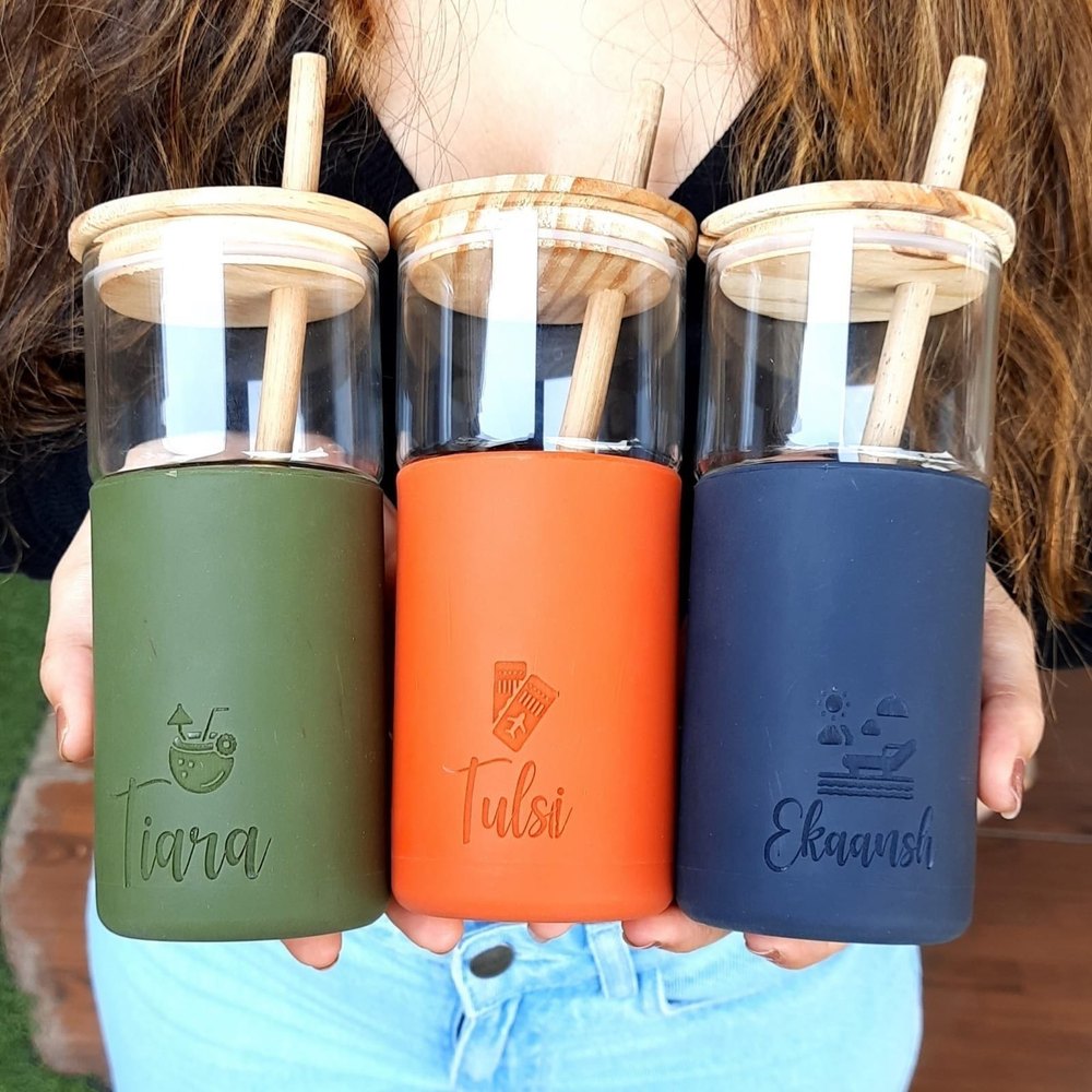 Beverage Tumblers with Straw (Borosilicate Glass, Silicone Sleeve & Bamboo Lid)