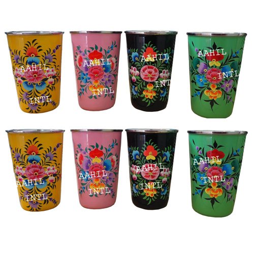 Food Grade Stainless Steel Round Kashmiri Hand Painted Enamel Tumbler, For Hotel/Restaurant, Size: Various