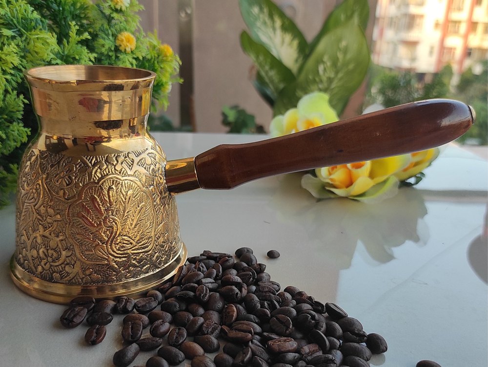Brass Turkish Kettle Mug With Wooden Handle, Coffee / Tea Mug Pourer - 200ml