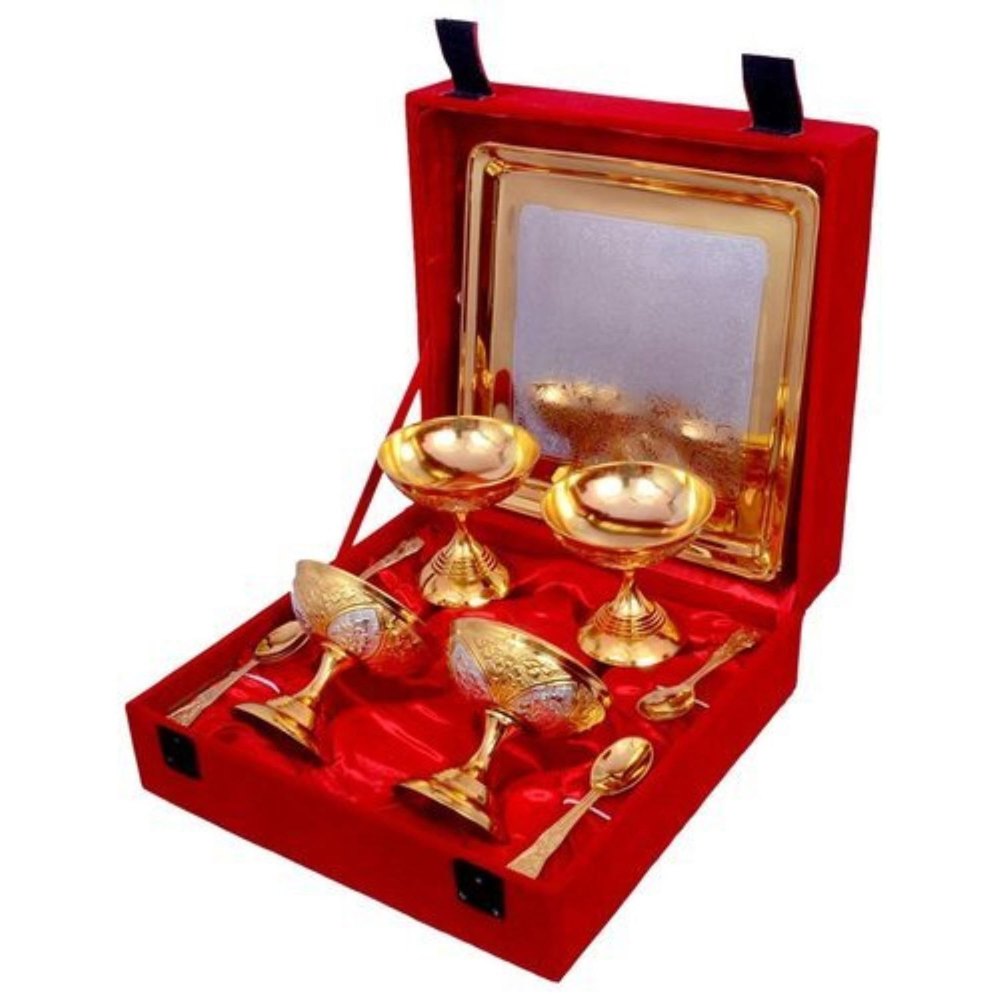 Golden, Silver 4 Bowl + 4 Bowl +1tray Brass Designer Ice Cream Gift Set