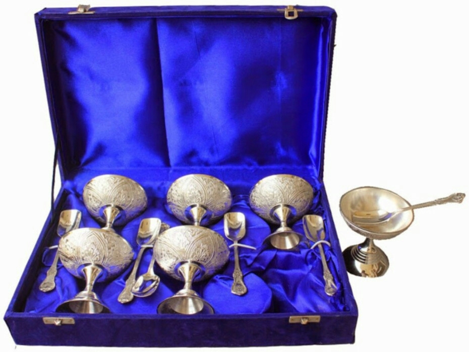 6 Bowls 6 Spoons Silver Brass Ice Cream Bowl Set with Spoon