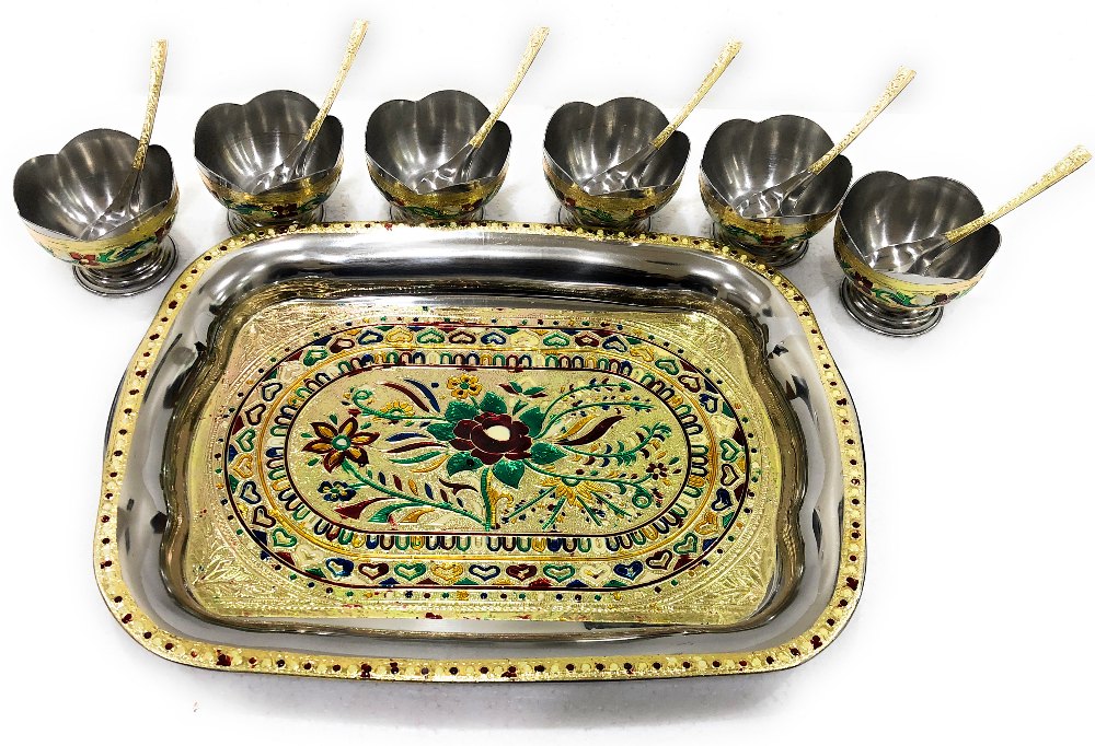Navrang Steel meenakari ice cream cup set, Size: Standard