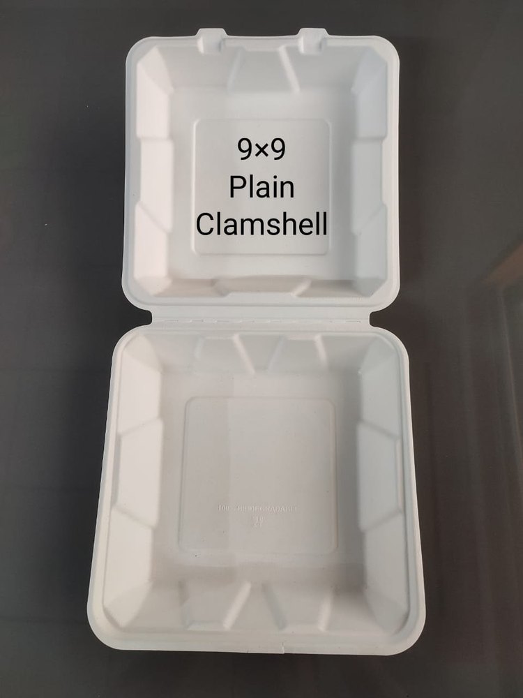 9 x 9 Clamshell Sugarcane Baggase Bleached Biodegradable Disposable Plate