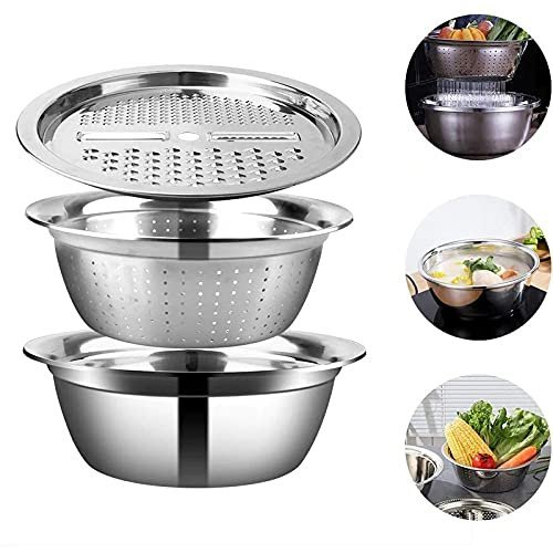 3 in 1 Stainless Steel Kitchen Bowl Drain Basket Vegetable/Fruit Grater