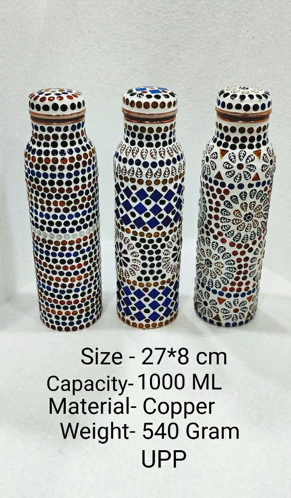 Multicolor Copper Bottle With Jaipur Mosaic Artwork, Size: Standard