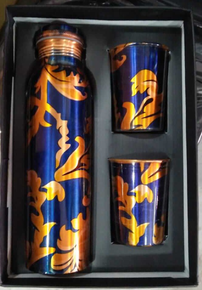 Printed Copper Water Bottle With Two Glasses, Packaging Type: Decorative Box