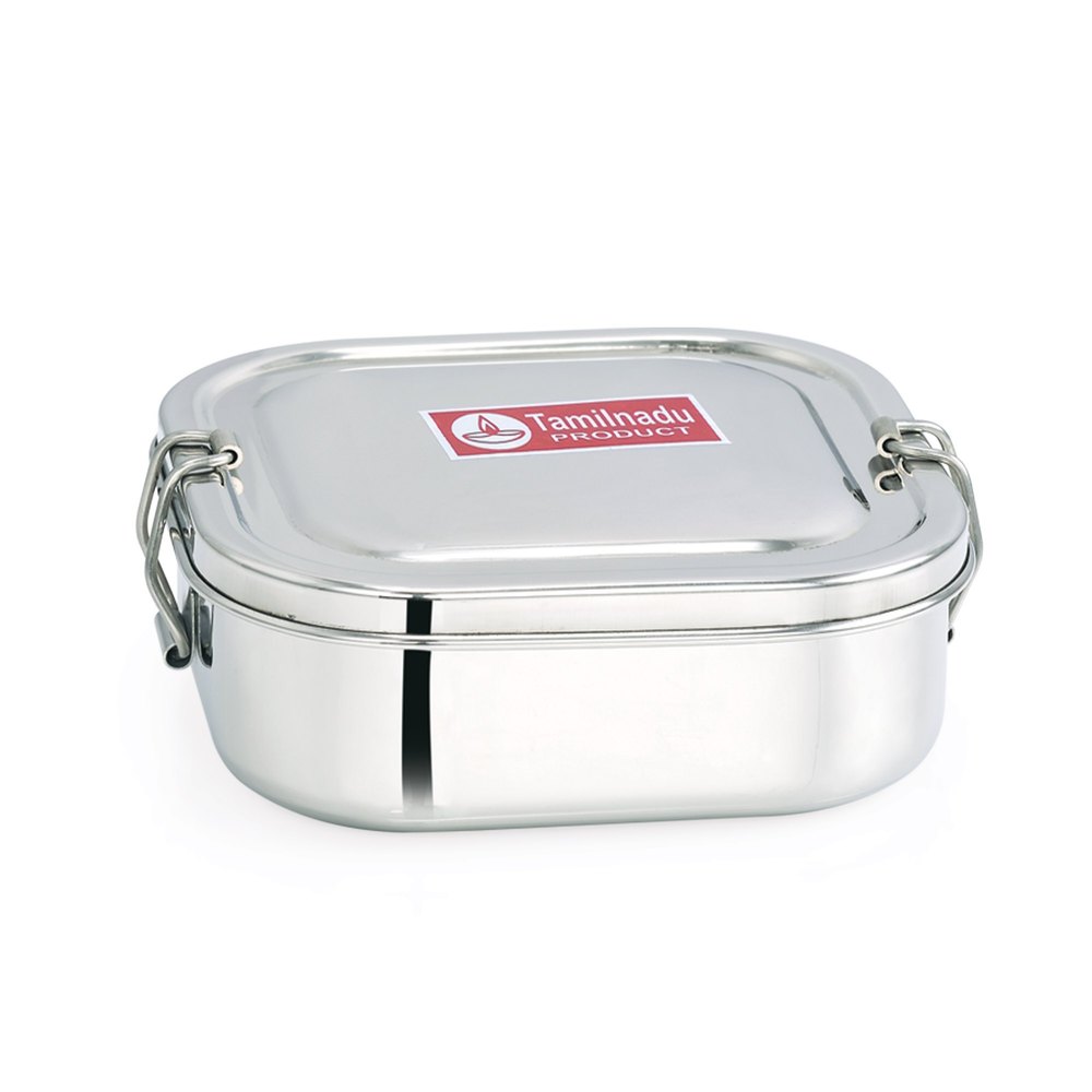 Stainless Steel Square Shaped Lunch Box with Steel Separator Plate and Locking Clip System