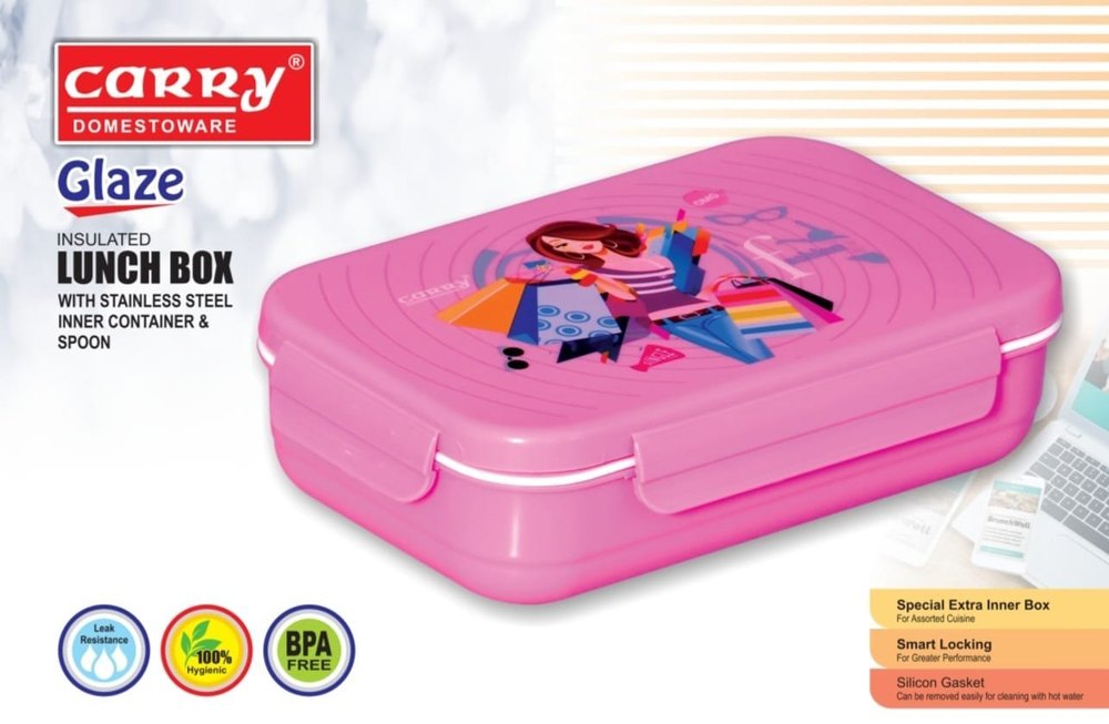Carry Pink Glaze Stainless Steel Insulated Lunch Box, For School, Capacity: 700 Ml