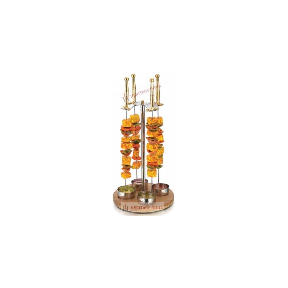 Silver TIKKA STAND WOOD BASE 4 SKEWAR, Model Name/Number: ST-0922, Size: 27X51X27
