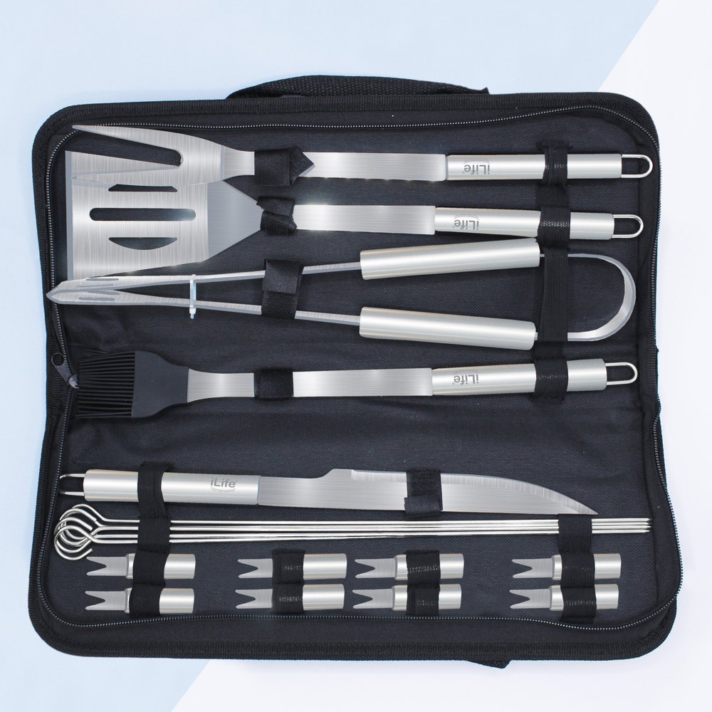Silver iLife 18 Pieces Stainless Steel BBQ Tools Set