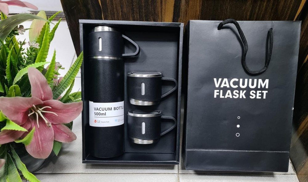 Metal Black Vacuum Flask Set, For Gifting