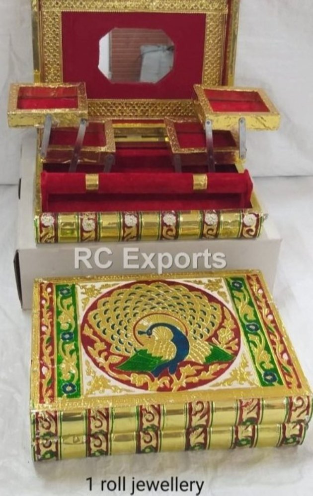 Golden, Red Peacock Traditional Metal Jewellery Box, Dimension: 30 X 10 X 20 Cm (w X L X H)
