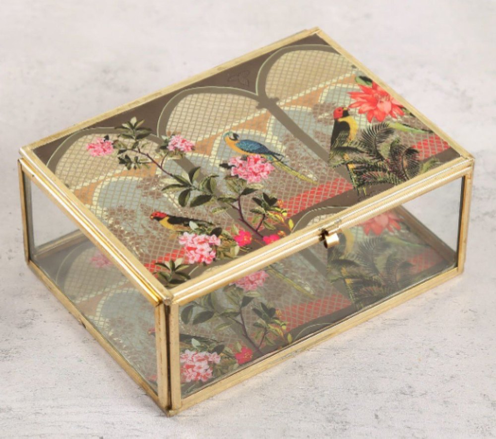 Rectangle Metal Glass Jewelry Box, Size/Dimension: 6x4x1.25 Inch