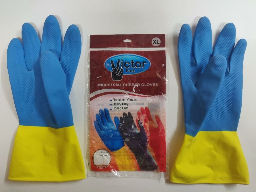 Victor Plus Industrial Flock Lined Rubber Gloves - Double Colour