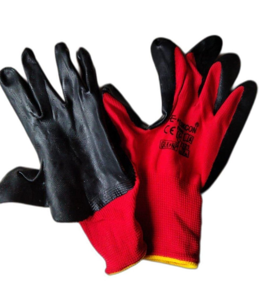 Red, Black Leather, Cotton Leather Grip Hand Gloves, Size: Medium