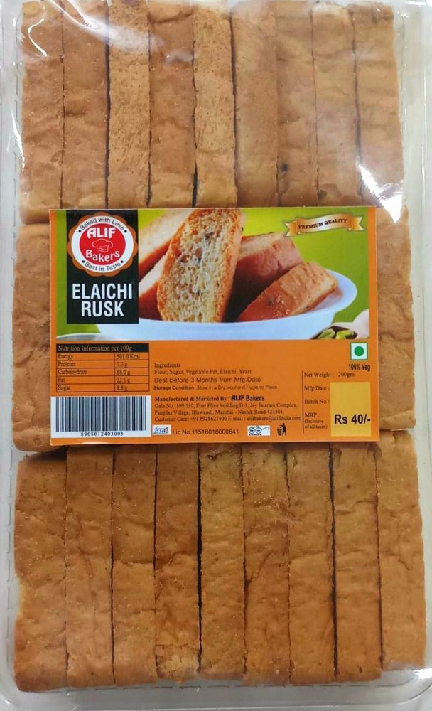 Alif Bakers Elaichi Rusk, 200gms, Packaging Type: Packet