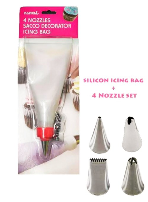 Multicolor Cake Decor Silicon Decorating Icing Bag with 4-Piece Nozzles Set