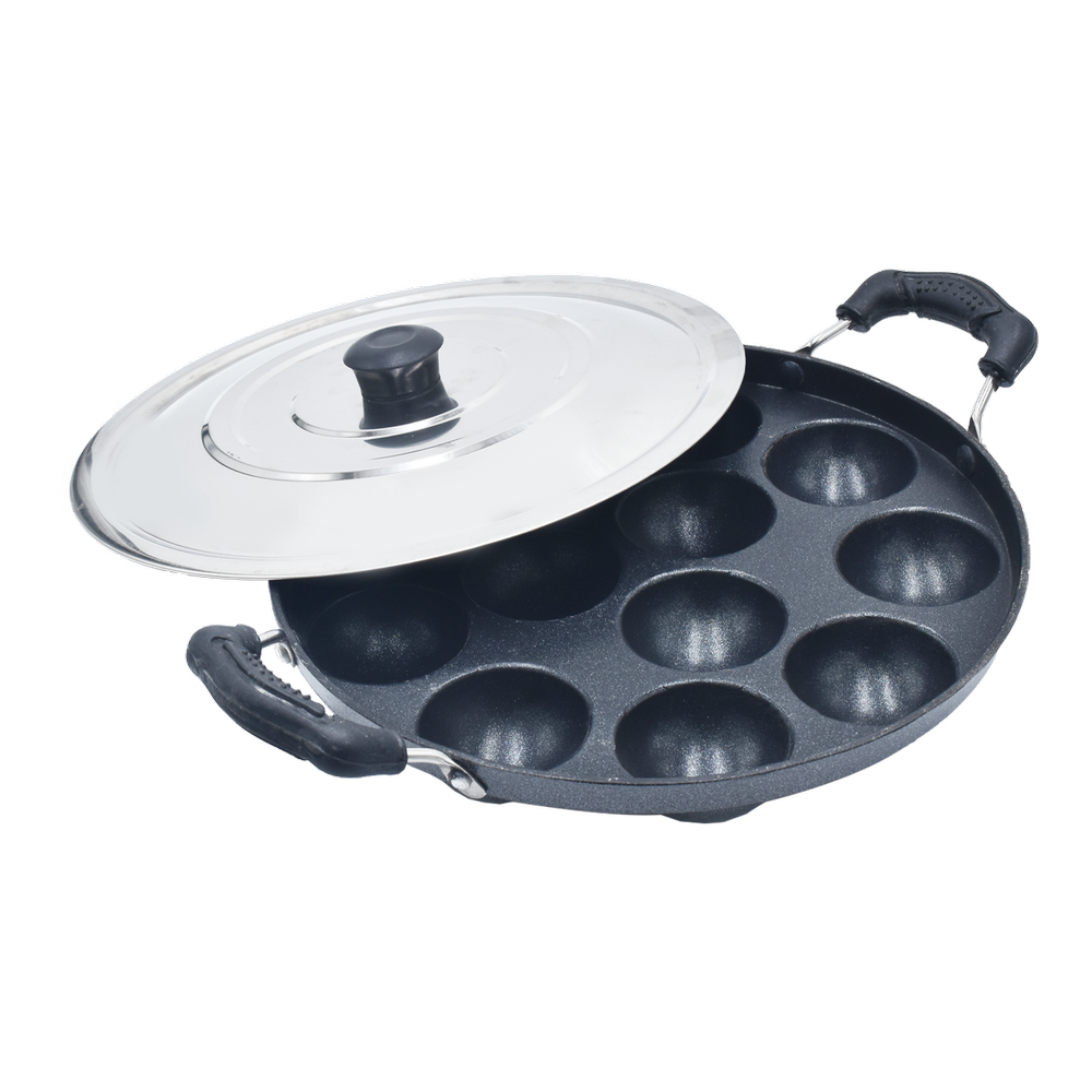 Non Stick Aluminium Black Appam Patra Paniyarakkal with Lid Signature Model Weight 600 gms, For Home, Size: 12 Cavities