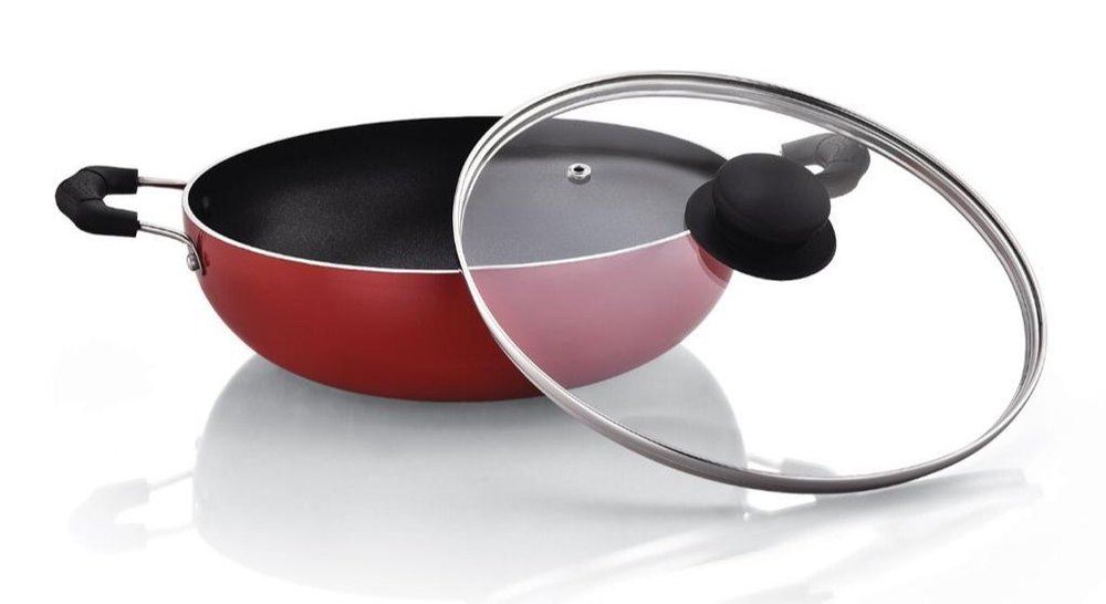 Red and Black TwinBirds Aroma Non Stick kadai 280 MM with Glass Lid, For Home and restaturant