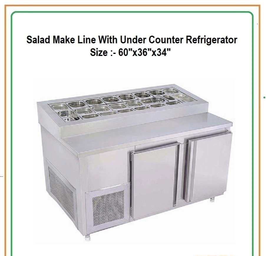Stainless Steel Rectangular Salad Make Line With Under Counter Refrigerator for Hotel, Size: 60x36x34