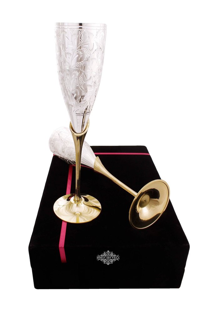 Set of 2 Silver Plated & Brass Champagne Wine Glass With Box