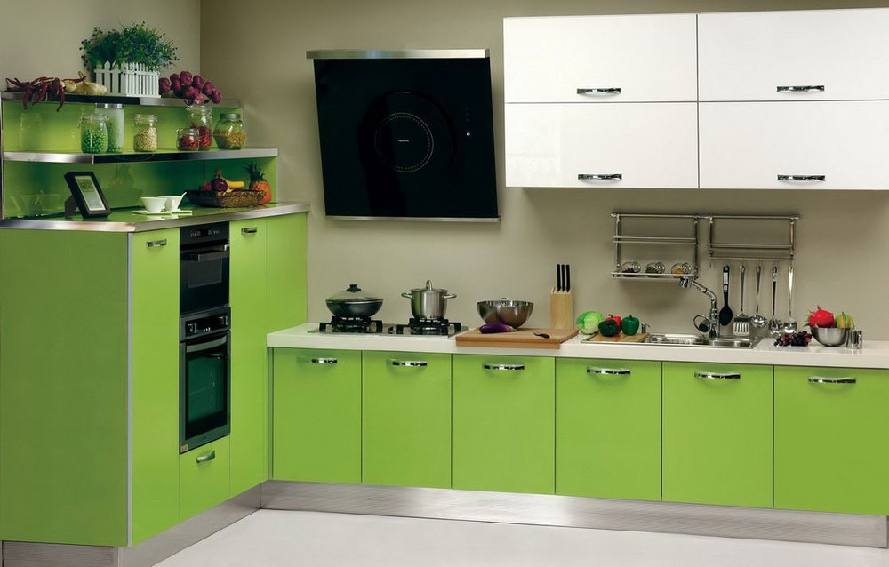 Light Green L Shaped Sleek Modular Designs On Home Kitchen