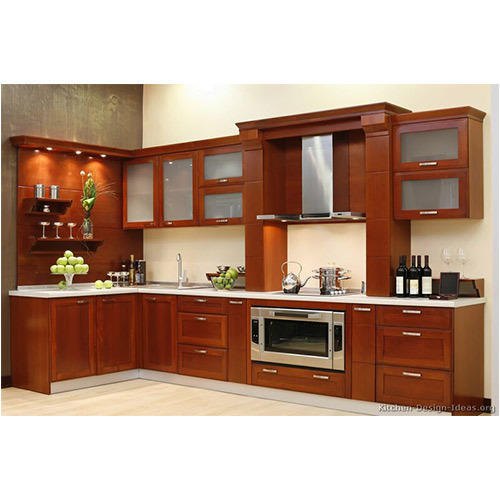 L Shape Wooden Modular Kitchen, Door Type: Hinged