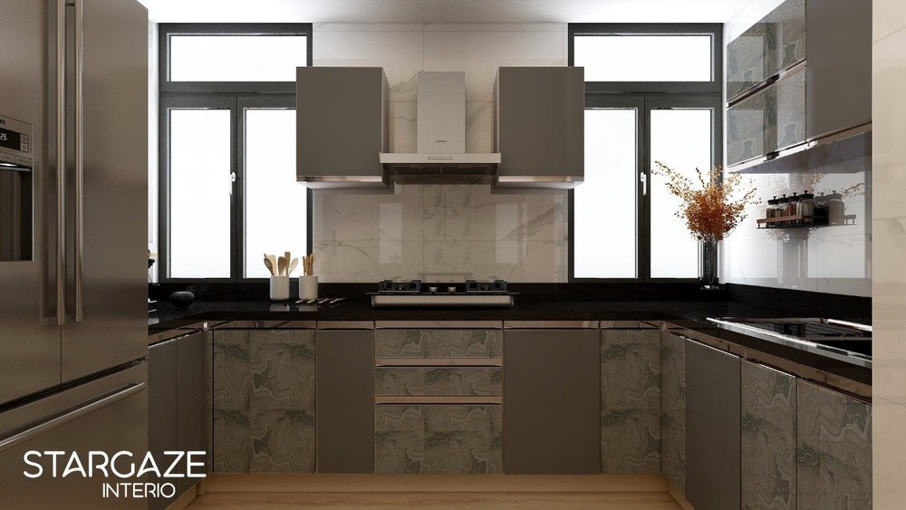 Wooden Modern Colored L Shape Modular Kitchen