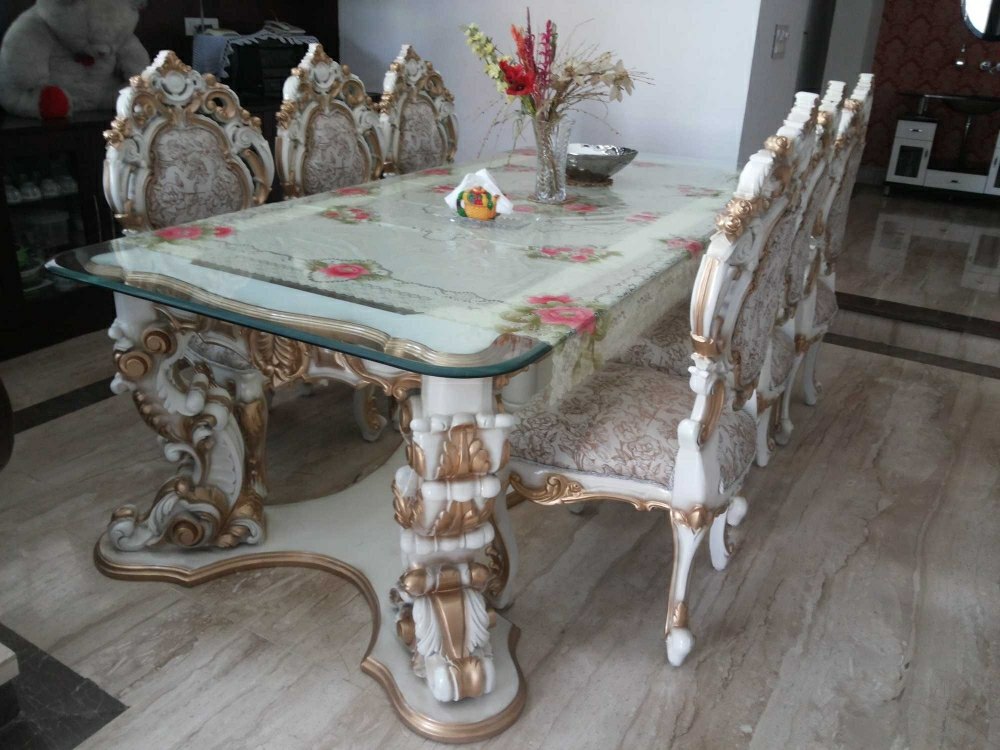 Anam Art White and golden Wooden Carving Maharaja Royal Dining Table, For Home, Set Size: Set of 6