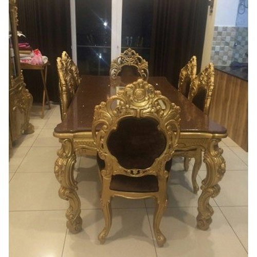 Six Seater Standard Teak Wood Wooden Carved Dining Table Set Gold Polish, For Home, Size: 60x36x 30