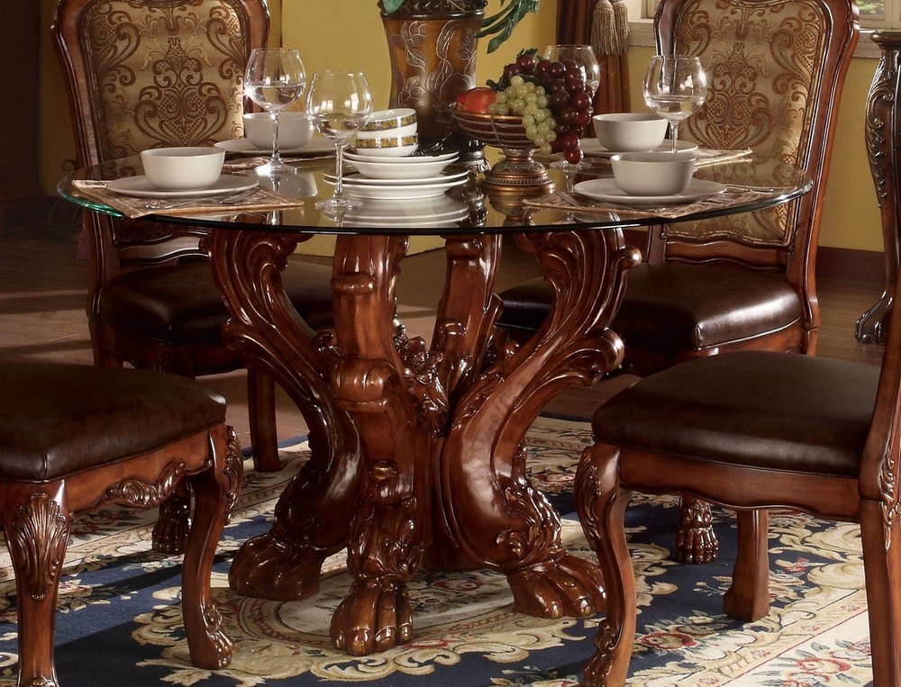 Wooden Round Carving Dining Table Set, 4 Seater