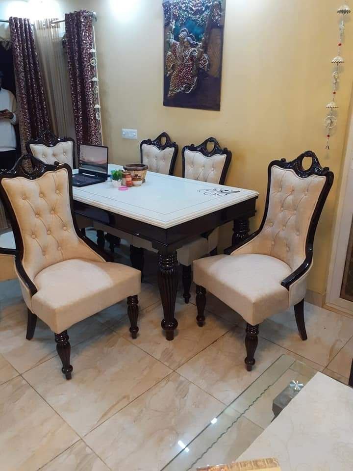 6 Seater Marble Top Designer Wooden Dining Table Set