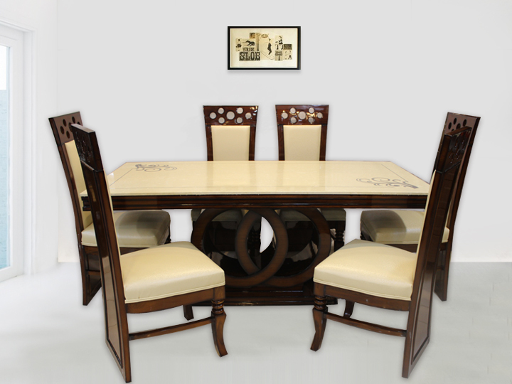 6 Seater Marble Top Wooden Dining Set
