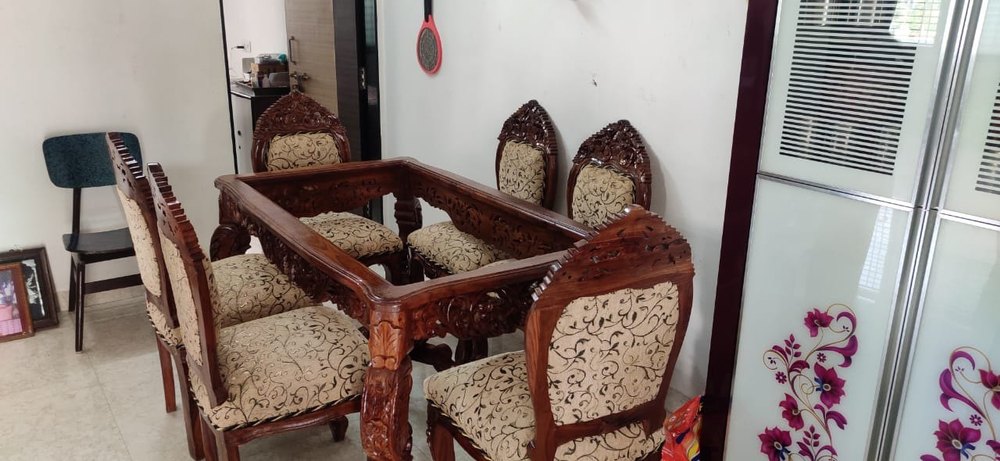 Rectangular Glass Top Wooden carving dining table set with 6 chair, Size: 6x3