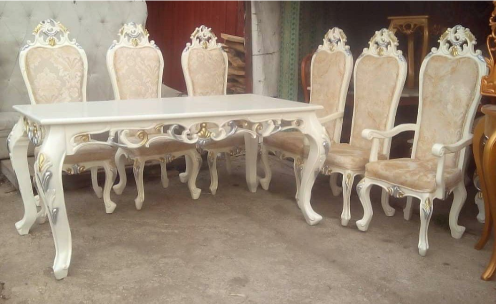 Khalidwood Six Seater Antique white golden wooden carved dining table set for home, Size/Dimension: 60x36x30