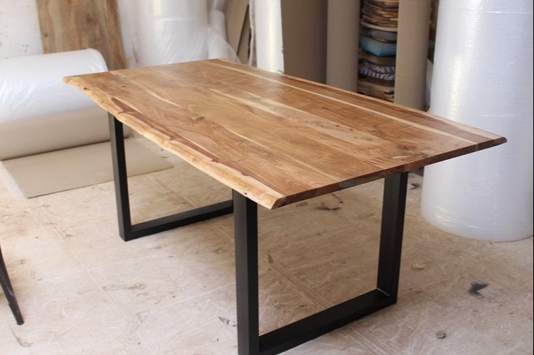 Vintage Industrial Live Edge X Frame Dinning Table, Iron & Acacia Wooden Live Edge Table