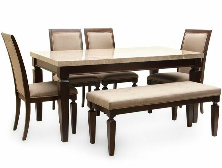 Rectangular Marble Dining Table With Bench, 8 Seater