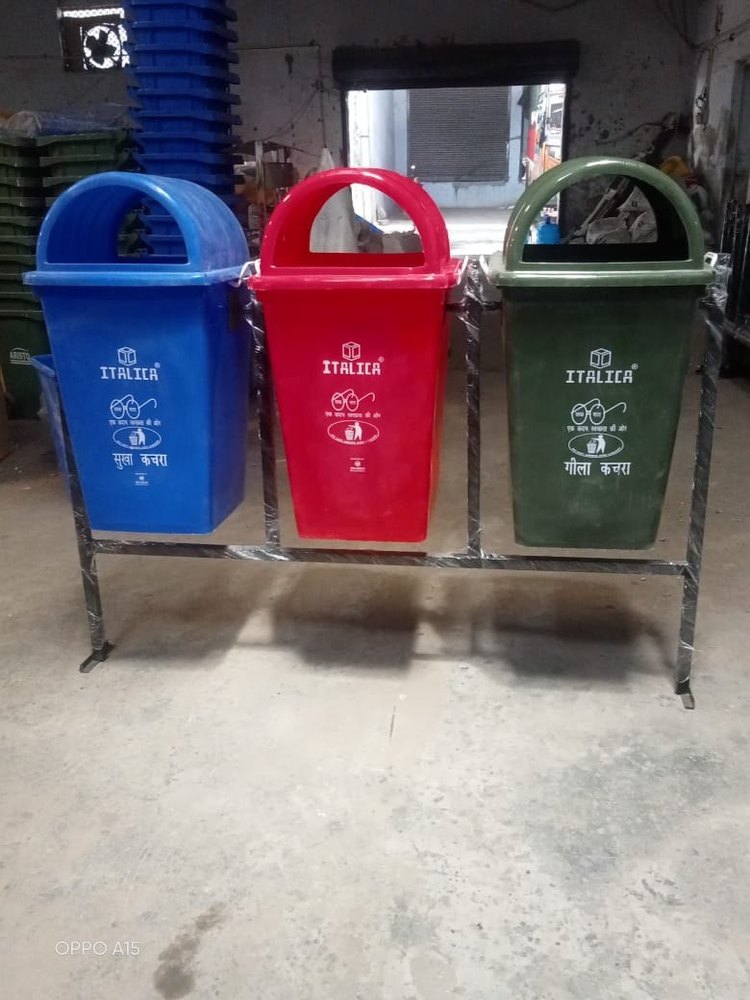 Blue, Green and Red HDPE Road Side Plastic Dustbin with Triple Stand, For Outdoor