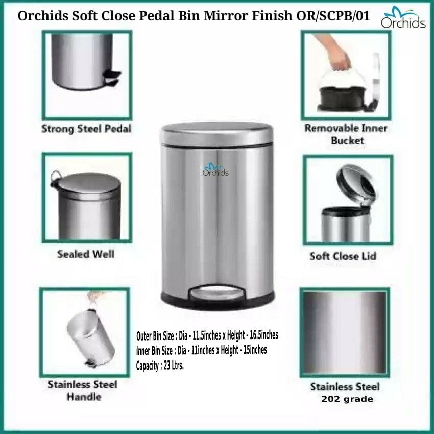 silver Orchids Soft Close Pedal Bin (Mirror Finish), Grade: 202