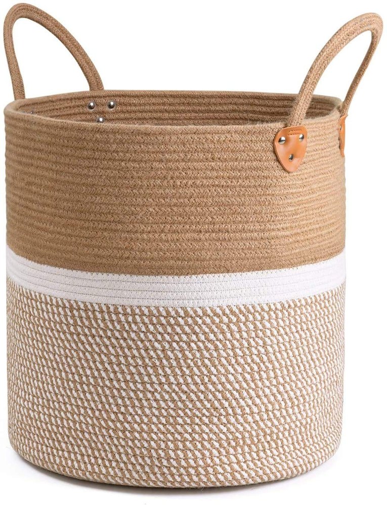 Cotton + Jute Zig Zag 16 Inch Round Laundry Basket, Size: Diameter 16\'\', Height 16\'\'