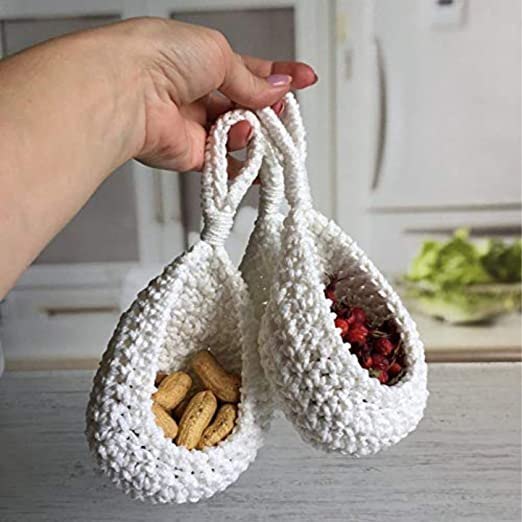 White Handcrafted Round Hanging Woven Small Basket Crochet Pattern Jute