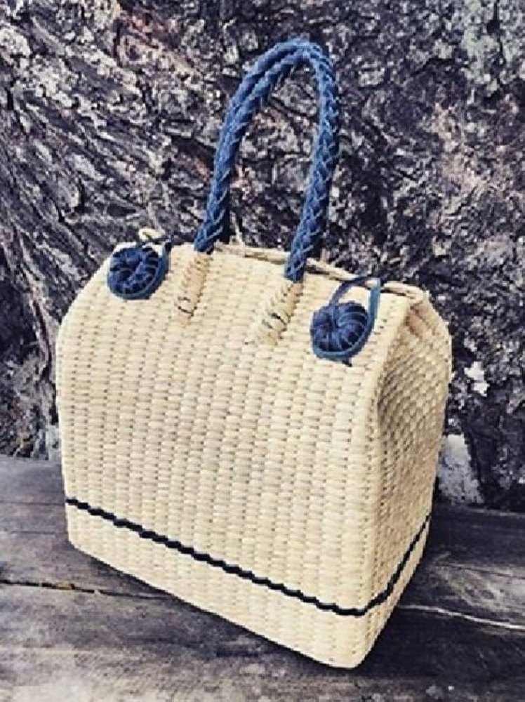 Blue and Brown Plain Kouna Grass Picnic Basket