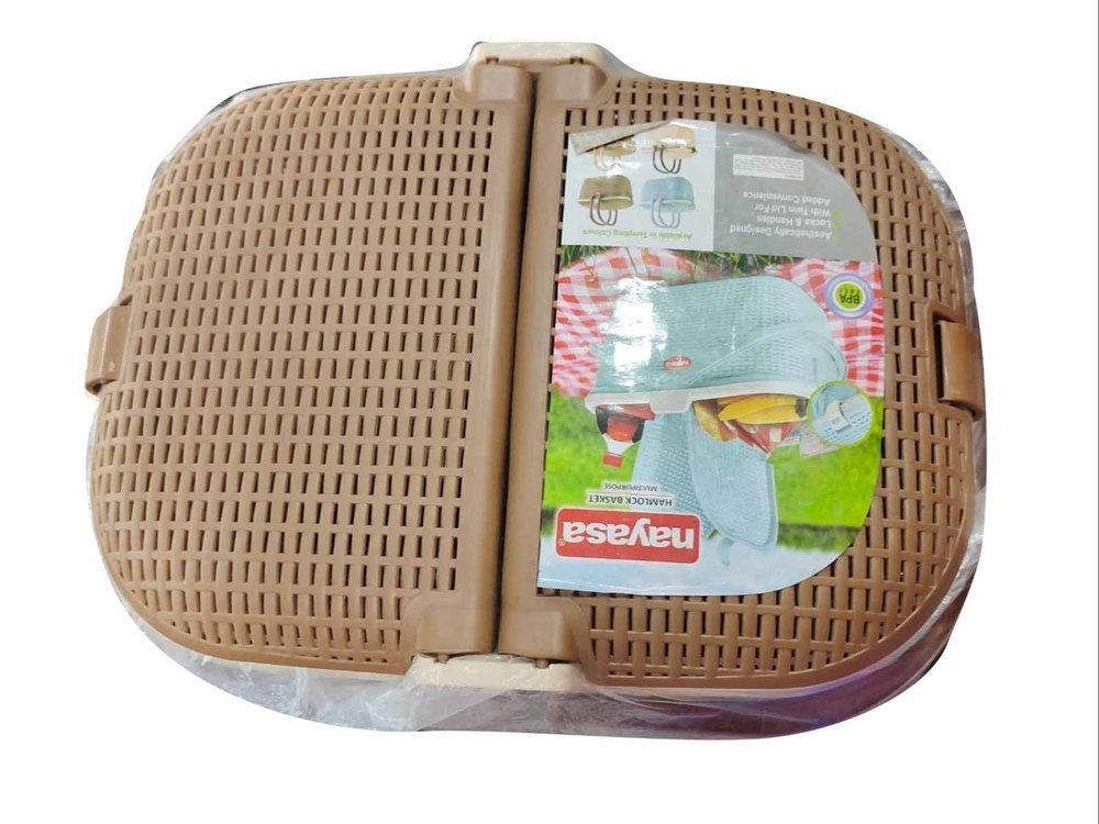 Nayasa Brown Rectangular Plastic Handle Picnic Basket, Design/Pattern: Plain, Size: 20x10x5 Inch Lxwxh