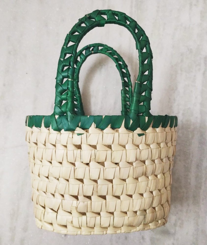 Natural Pooja Basket Small Carry Bag Handmade Palm Leaf Bag, Size: Dimension 22x17x16 Cms